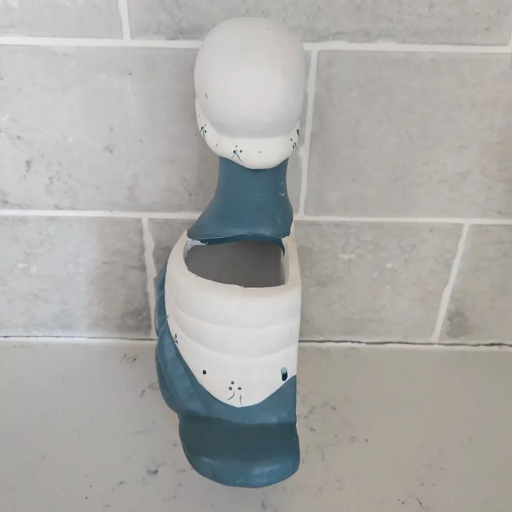 Vintage Country Goose Ceramic Wall Planter Blue White Figurine Mother Goose